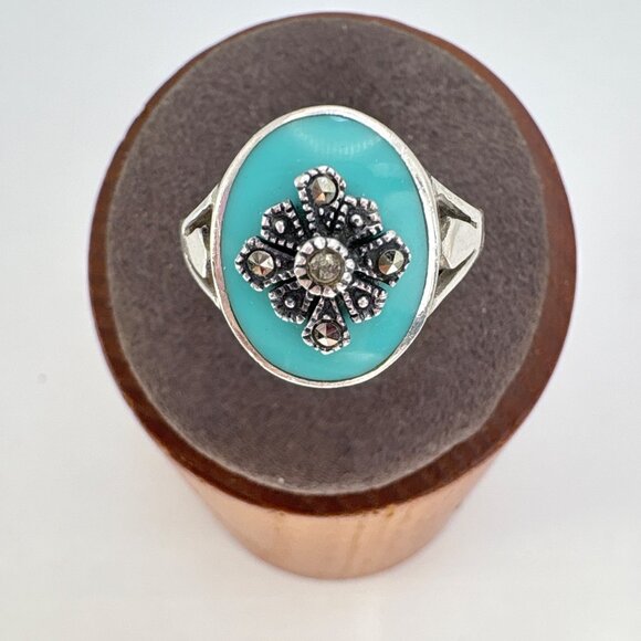 VTG Solid Sterling Silver 925 Turquoise & Marcasite Statement Ring Size 8.75 - Picture 2 of 12
